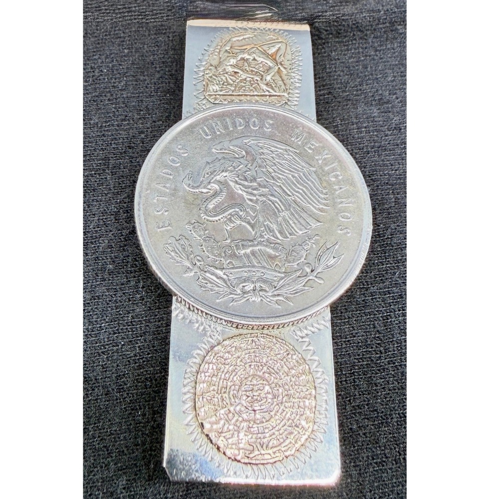 Mexican Sterling Silver Taxco Money Clip Eagle Coin Aztec Design